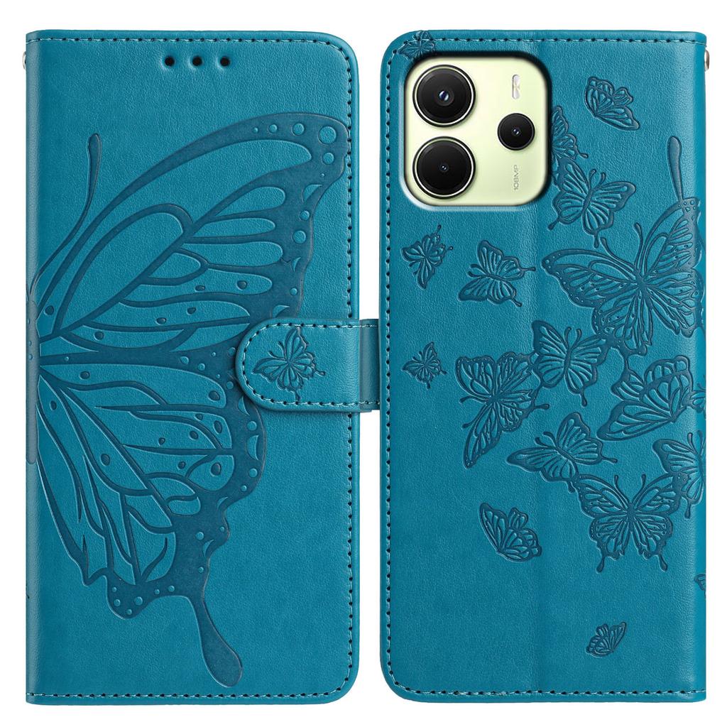 Für Xiaomi Redmi Note 14 4G (163,25 mm) Hülle Schmetterling geprägt Brieftasche Ständer PU Leder Klapphandyhülle mit Riemen