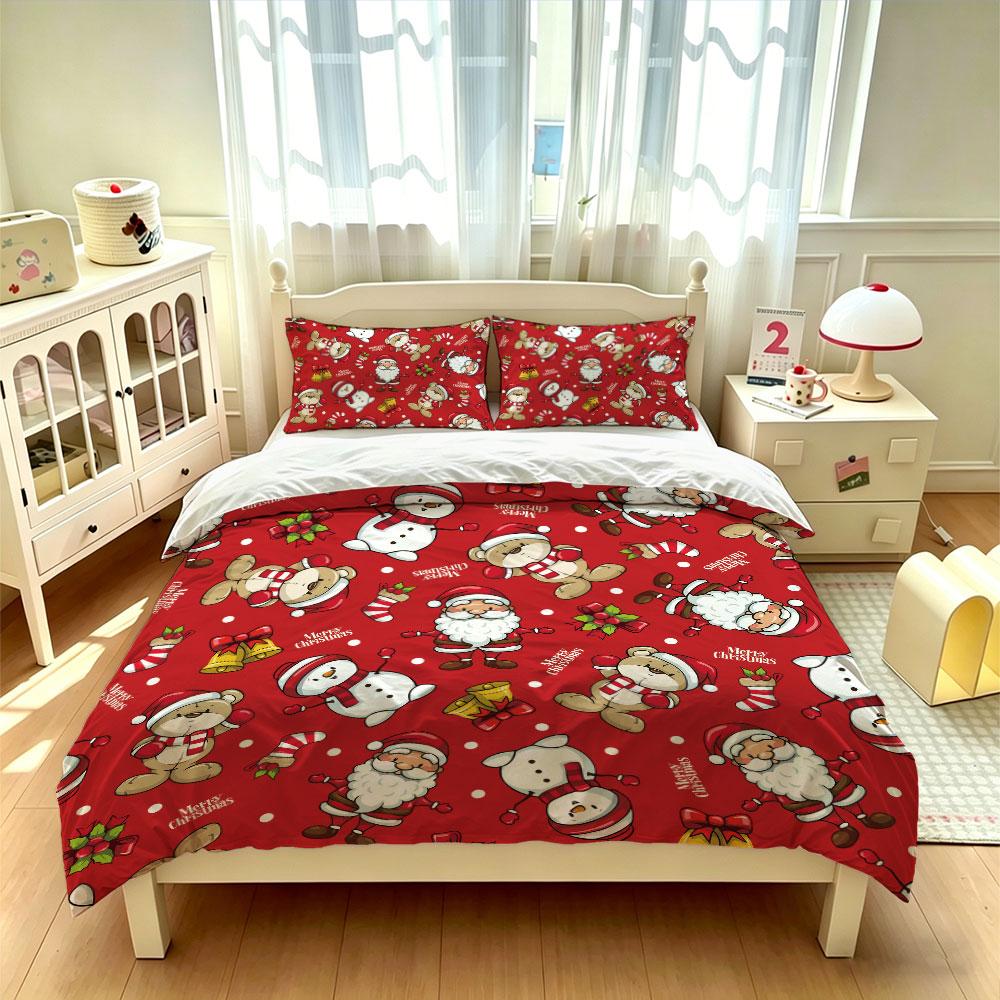 A set of 3 pieces (1 bedspread + 2 pillowcases) featuring red Christmas-themed patterns Santa Claus for home decoration