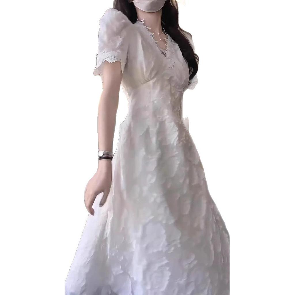 Coffee Break French White Lace V-Neck Bubble Sleeve Dress Summer Female Gentle Wind Fairy Dress Temperament Long Dress