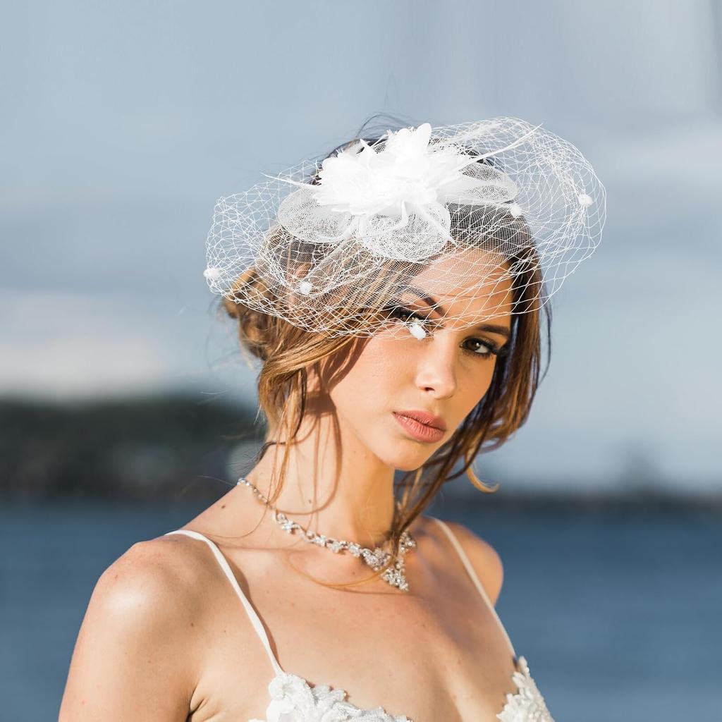 BESPORTBLE White Fascinator Hat with Veil and Flower Clip, Mesh Pillbox Headwear for Women’s Tea Party, Wedding, and Special Occasions Accessories