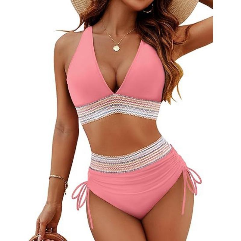 Women High Waisted V Neck Tie Side Push Up Bikini Set