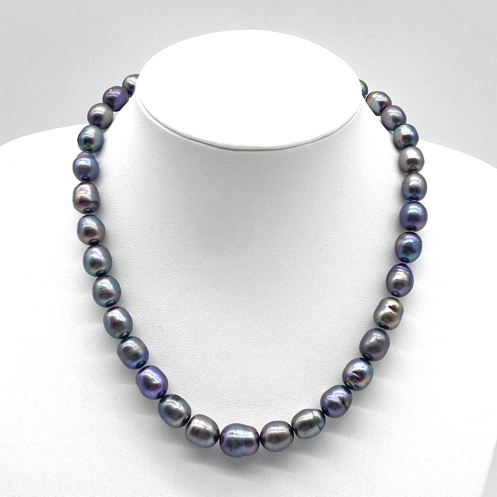 High-Quality Black Necklace Baroque Pearl Natural Jewelry Semi-Round Peacock Luster Approx 47cm 10.0mm–12.5mm 65.4g Silver Clasps