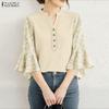 ZANZEA Women Casual V-Neck Print Splice Loose 3/4 Sleeve Blouse