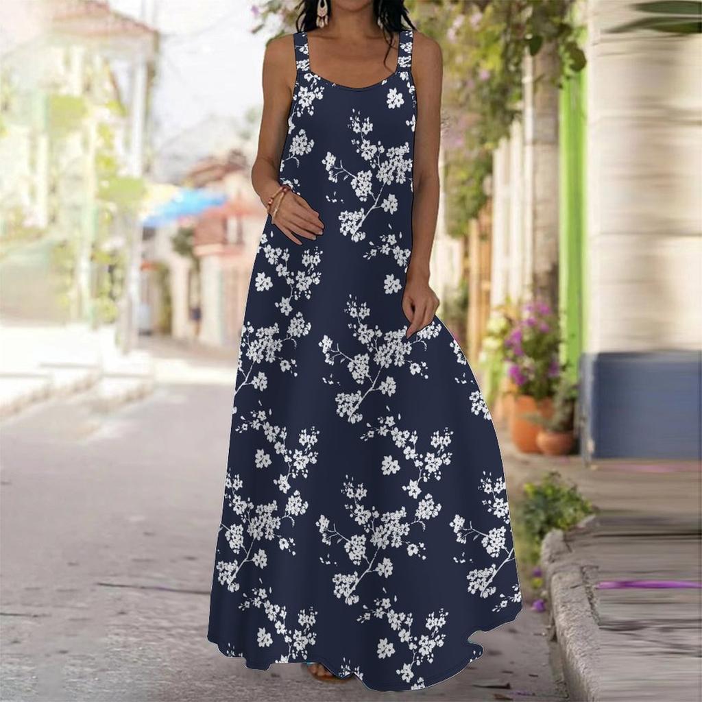 Robe nuisette longue à motif floral imprimé Robe à coutures imprimées Printemps & Été Loisirs Vacances