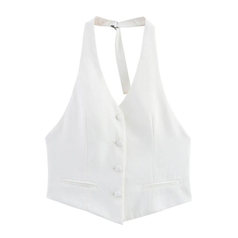 Summer New Product Women's Clothes Commute Style Single Breasted Open Back V-neck Halter Sleeveless Short Vest Jacket Tops