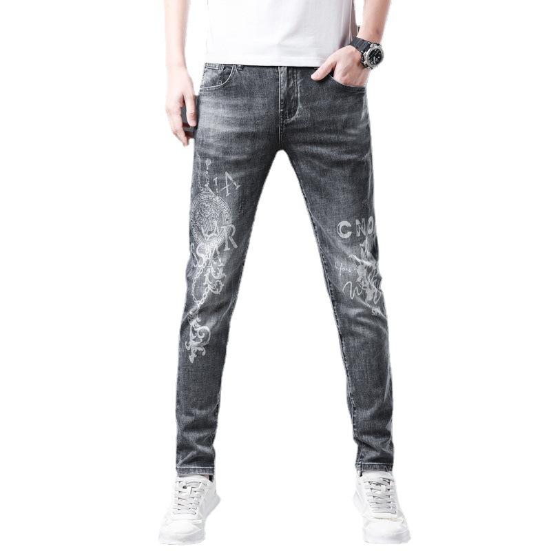 Letter Embroidery Fashion Brand Jeans for Men's Spring New Grey Straight Tube Elastic Pants for Men's Printed Pants