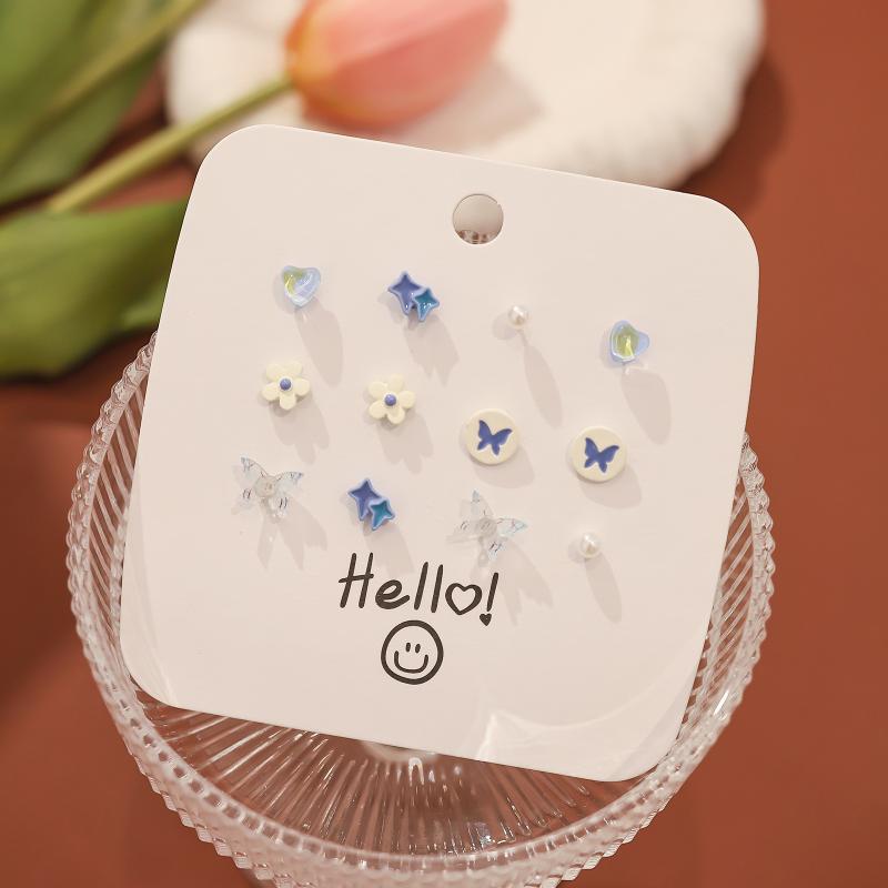 1Set Simple And Compact Silver Needle Earring Set Love Geometric Earring Combination Cute Sweet And Versatile Earrings