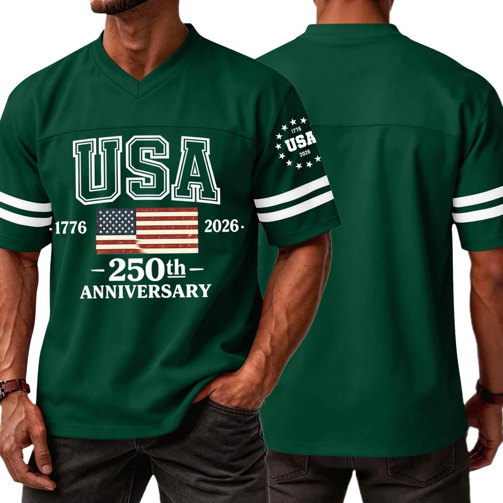 Men's V Neck Short Sleeve Sports T Shirt with USA 250th Anniversary 1776 2026 Print Casual Fashion Jersey Style Top