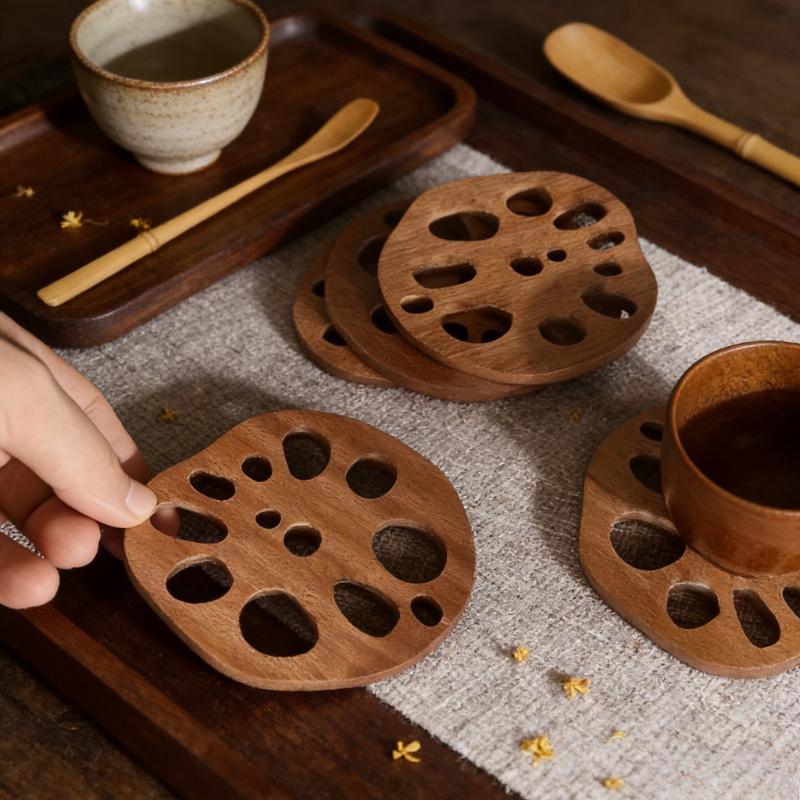 6pcs Wooden Lotus Root Piece Hollow Drain Coaster, Lotus Root Piece Hollow Shape Heat Insulation and Non-slip Hollow Drain, Desktop Decoration