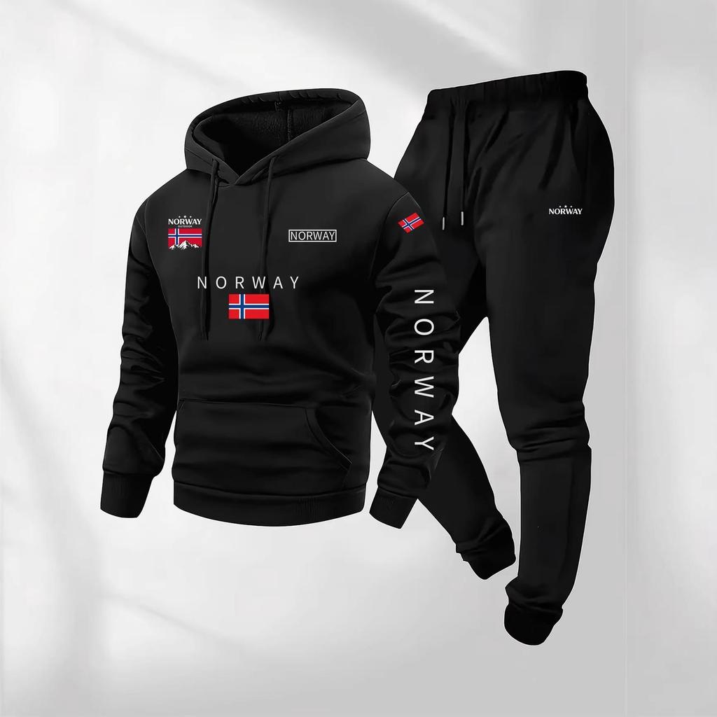 Erkek Sınır Ötesi Moda Spor Takımı - İlkbahar/Sonbahar Baskılı Bol Kapüşonlu Sweatshirt & Pantolon