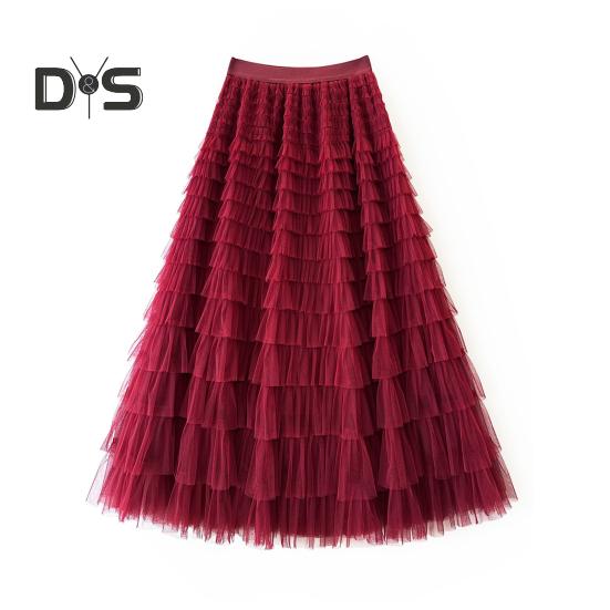 Dámská dortová sukně Jednobarevná sukně středního pasu Dlouhá sukně s elastickým pasem Síťovaný lem A-linii Maxi sukně pro každodenní nošení