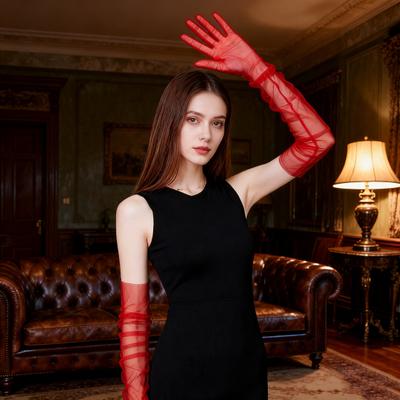 Women Long Sheer Gloves Retro Stretchy Ruched Mesh Tulle Gloves 1920s Dance Gloves for Costume Opera Party Wedding