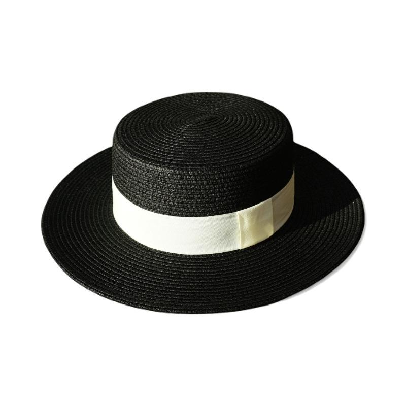 French Small Fragrance Black Wide Brim Straw Hat For Men And Women Summer Retro Flat Top Top Hat Sunshade Sun Protection Beach Versatile Vacation