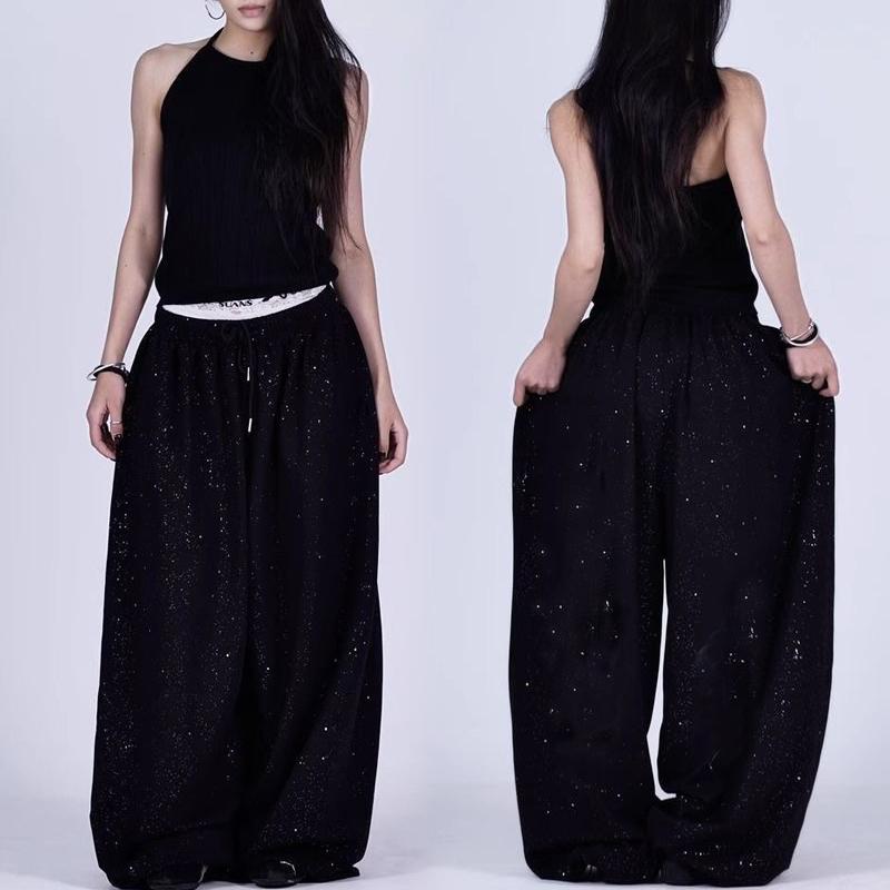

American Retro High Waist Black Rhinestone Casual Pants Women s Jazz Loose Straight Leg Wide Leg Trousers Long Pants S