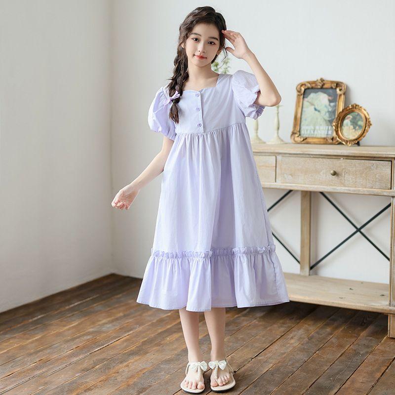 Girls' Fashion Light Purple Dress Summer Children's Elegant Puff Sleeve Cotton Dress