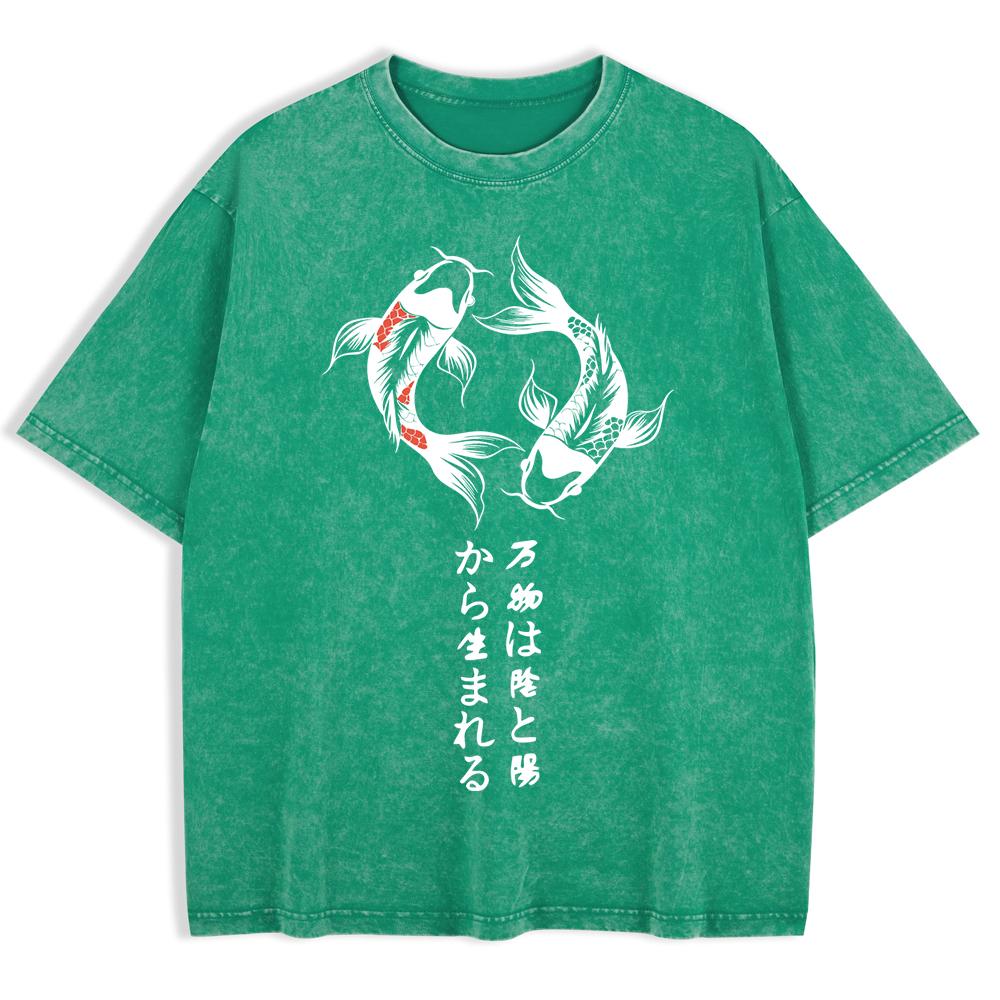Japanische Koi Harajuku Drucke Gewaschene T-Shirts Herren Baumwolle Oversize T-Shirt Sommer Rundhals Kurzarm Oberteile Kleidung