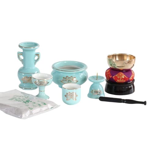 5-piece Celadon and Gold Lotus Ceramic Buddhist Altar Set + Bell Set with Incense Burner Ashes for Modern Mini Buddhist Altars