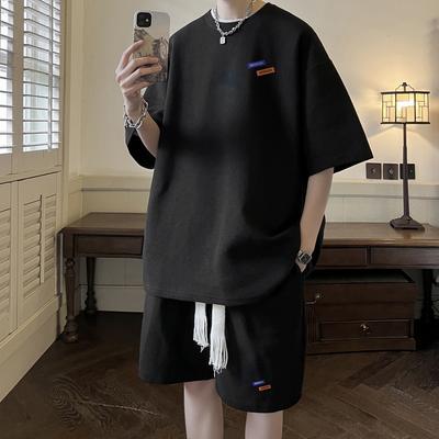 Traje de Gofre Primavera y Verano Traje Deportivo Casual Juvenil Pantalones Cortos Atractivos Traje de Dos Piezas de Manga Corta para Hombre