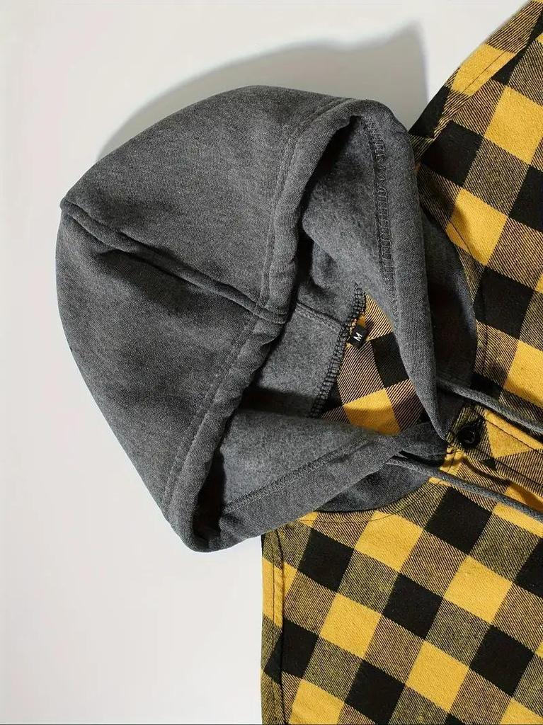 New Fleece Plaid Hooded Shirt Jacket with Double Pockets - European & American Sizes Available for Men