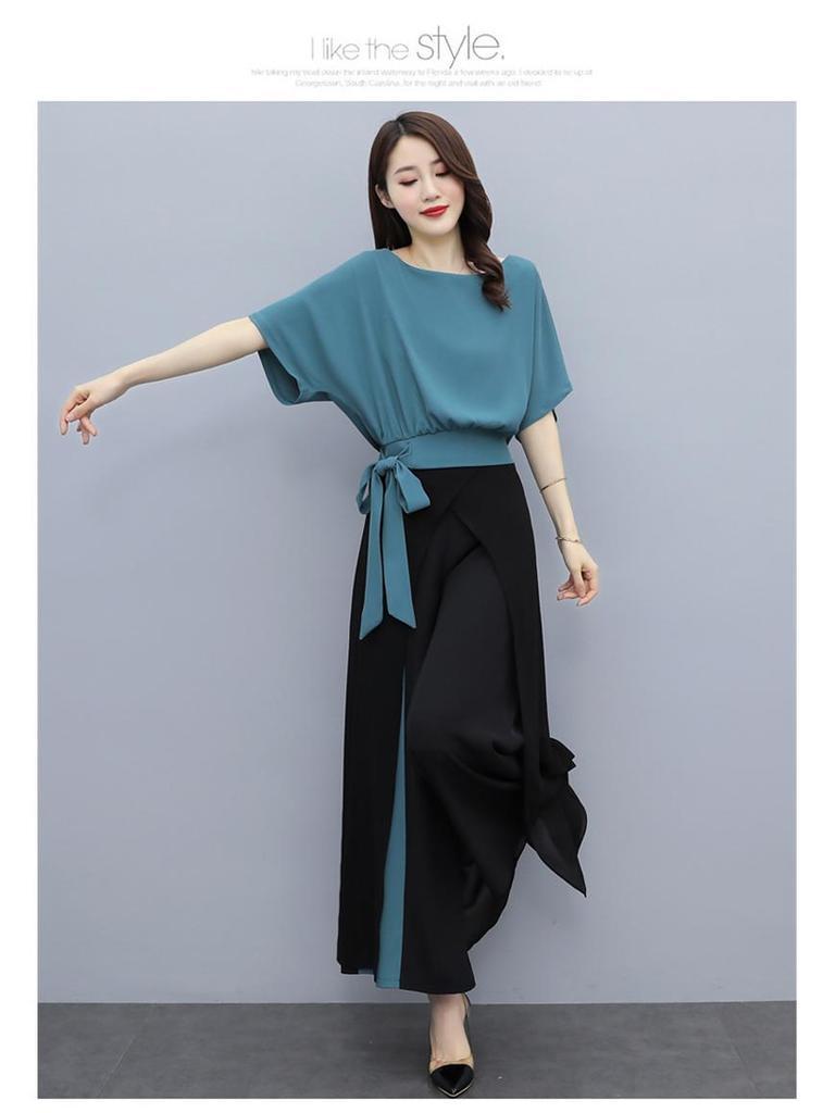 2022 Summer Chiffon Wide-Leg Pants Set: Elegant Goddess Style Two-Piece for Women - Fashionable, Drapey, Slimming.