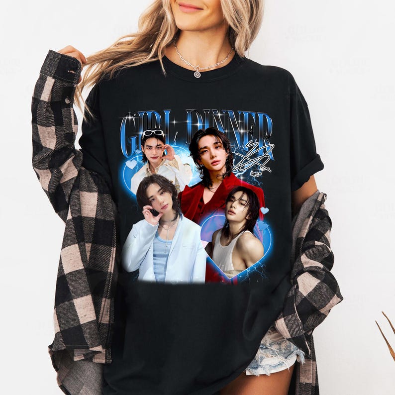 T-shirt Girl Dinner Hyunjin Stray Kids, Maglietta Vintage Omaggio ai Fan Uomo Donna Hip Hop Streetwear T-shirt Oversize Manica Corta Abbigliamento Casual