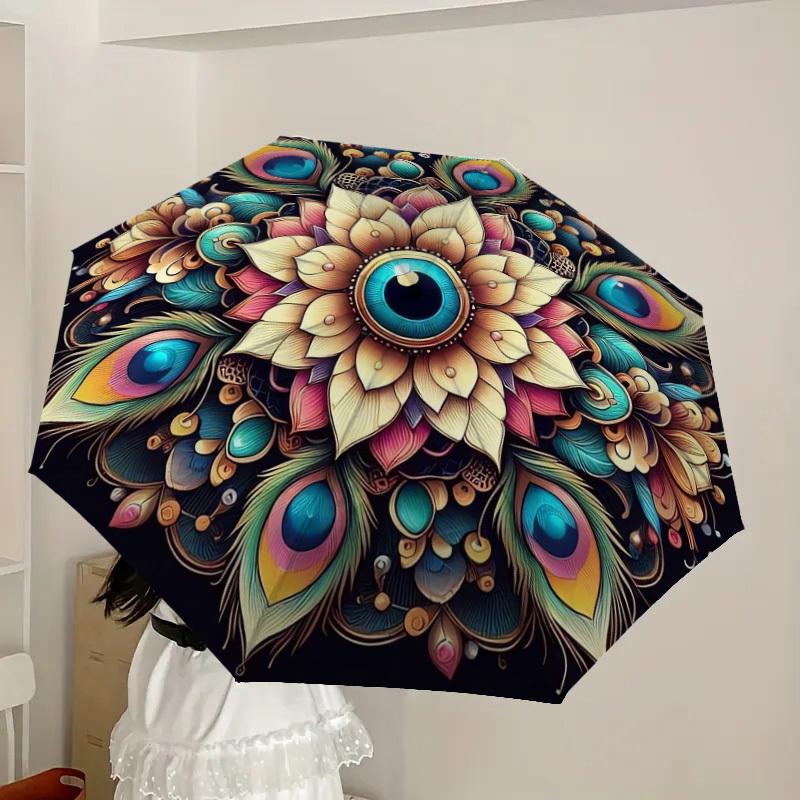 1pc Peacock Feather Mandala Artwork Umbrella with Plastic Handle,Suitable for All Seasons Home Travel Outdoor UmbrellaDD1487