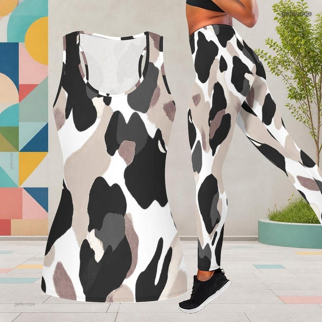 Women Plus Size Printed Two Piece Outfit Scoop Neck Sleeveless Tank Top And Fitted Pants