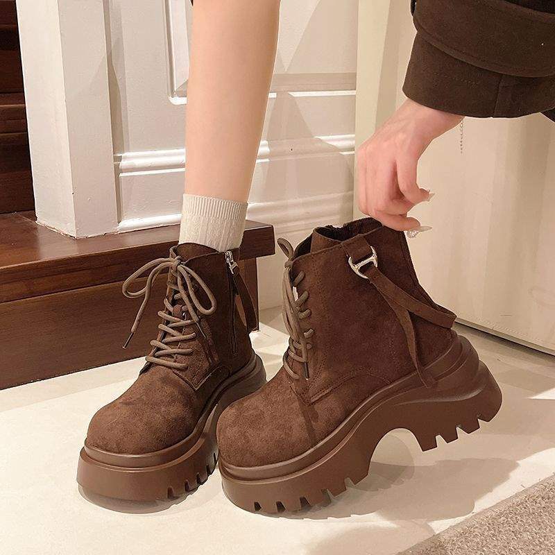 British Style 2025 Autumn New Matte Leather Lace-up Martin Boots Women's Platform Short Boots Big Head Locomotive Single Boots