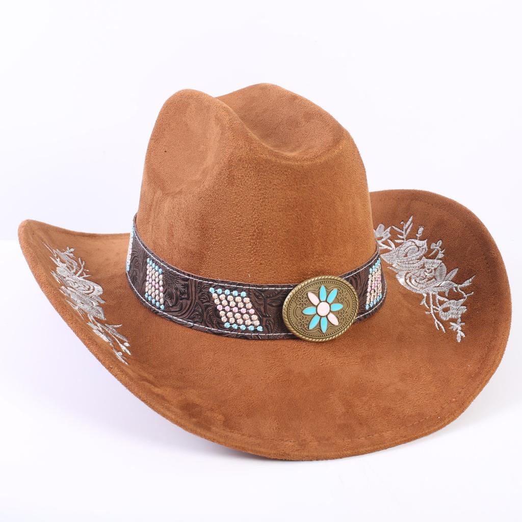 Popular European and American Classic Suede Western Cowboy Hat Men's and Women's Big Brim Embroidered Outdoor Sun Hat