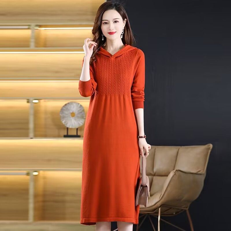 

Hooded Knitted Long Dress for Women Trendy and Casual Long Sweater Dress Solid Color Sweater for Autumn and Winter S помаранчевий
