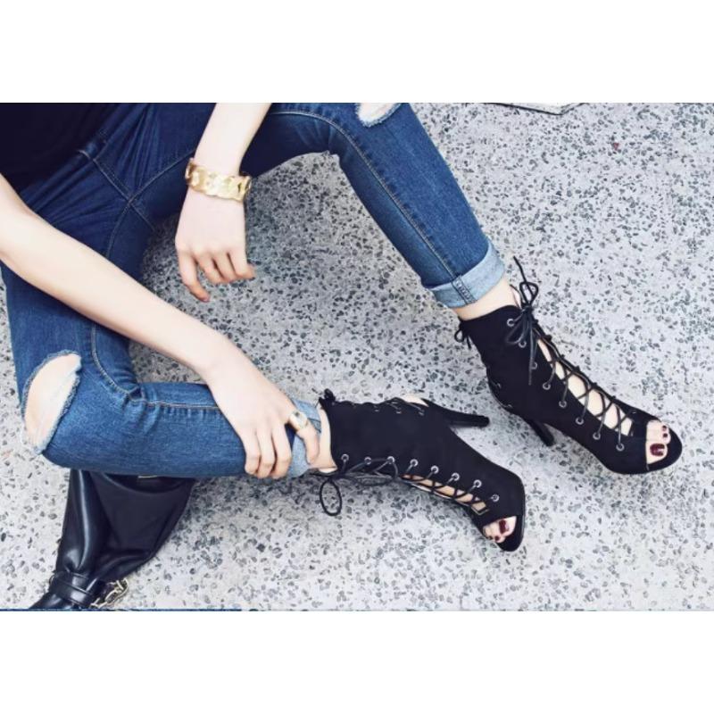 Damen Schnür-Peep-Toe High Heel Cut-Out Sandalen