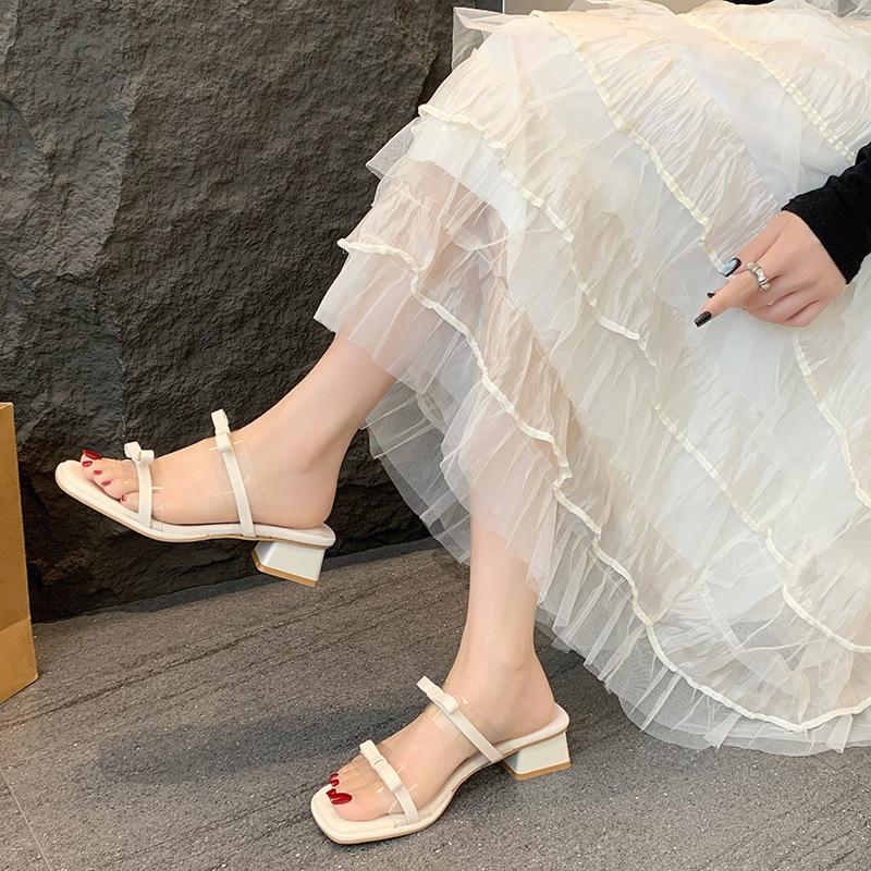 

2025 summer new fashion daily thick heel sandals women one-word sandals transparent belt high heel slippers women 35