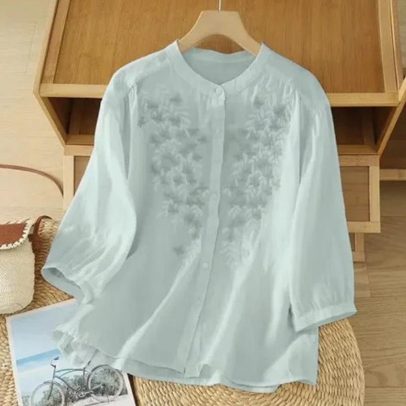 

Летняя новая ретро этнический стиль хлопок и лен литературная вышивка свободная рубашка с полурукавами воротник-стойка свободная женская 3XL