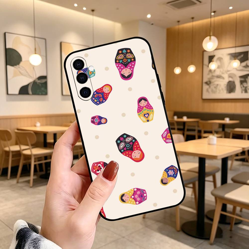 Adorable R-Russian Folk Art Doll Phone Case Black Silicone Soft For Samsung Galaxy A73,A72,A71,A70,A53,A52,A51