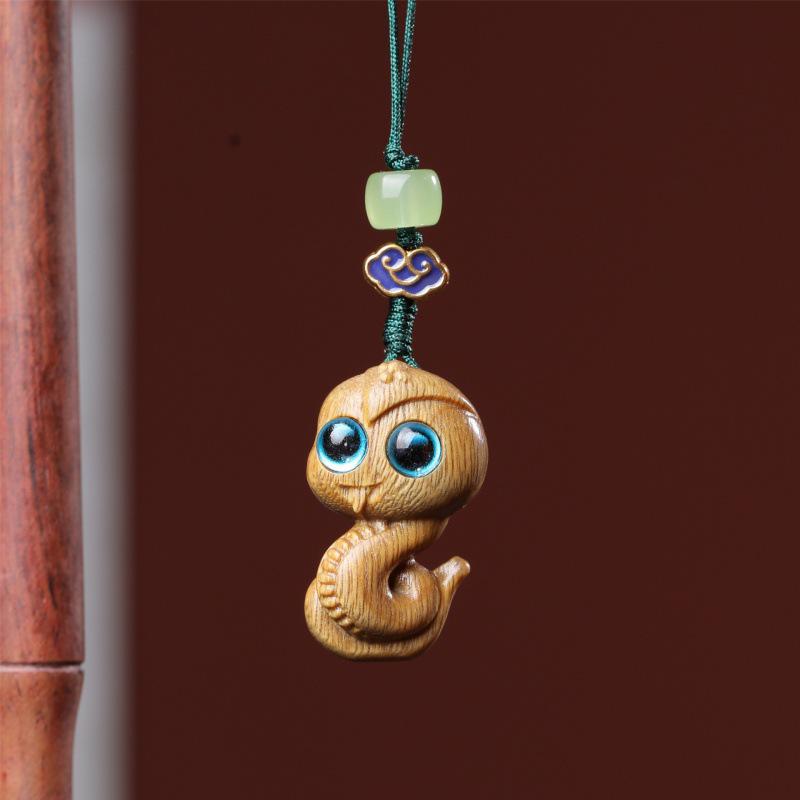 Red Sandalwood Snake Pendant with Green Sandalwood Zodiac Animal Design - Handcrafted Accessories