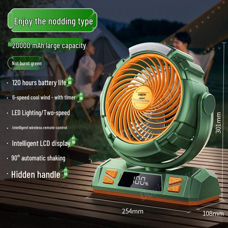 

Portable Wireless Electric Fan with Ultra-Long Battery and Auto Head Shaking for Outdoor Camping and Car Cooling 20,000mAh