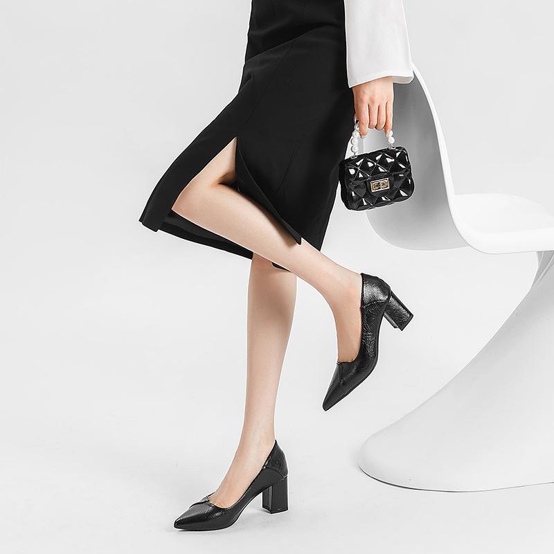 Měkké kožené boty na vysokém podpatku, lodičky do práce se špičkou, temperament s plisovaným šitím, dámské boty, boty na silném podpatku