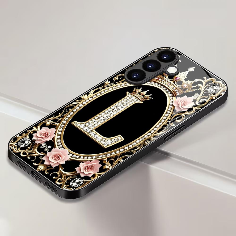 Einzigartige Buchstabe L schwarze Glas-Handyhülle geeignet für Samsung Galaxy S26 S25 S24 S23 S22 S21 S20FE/Ultra/Plus sturzsichere Rückseite