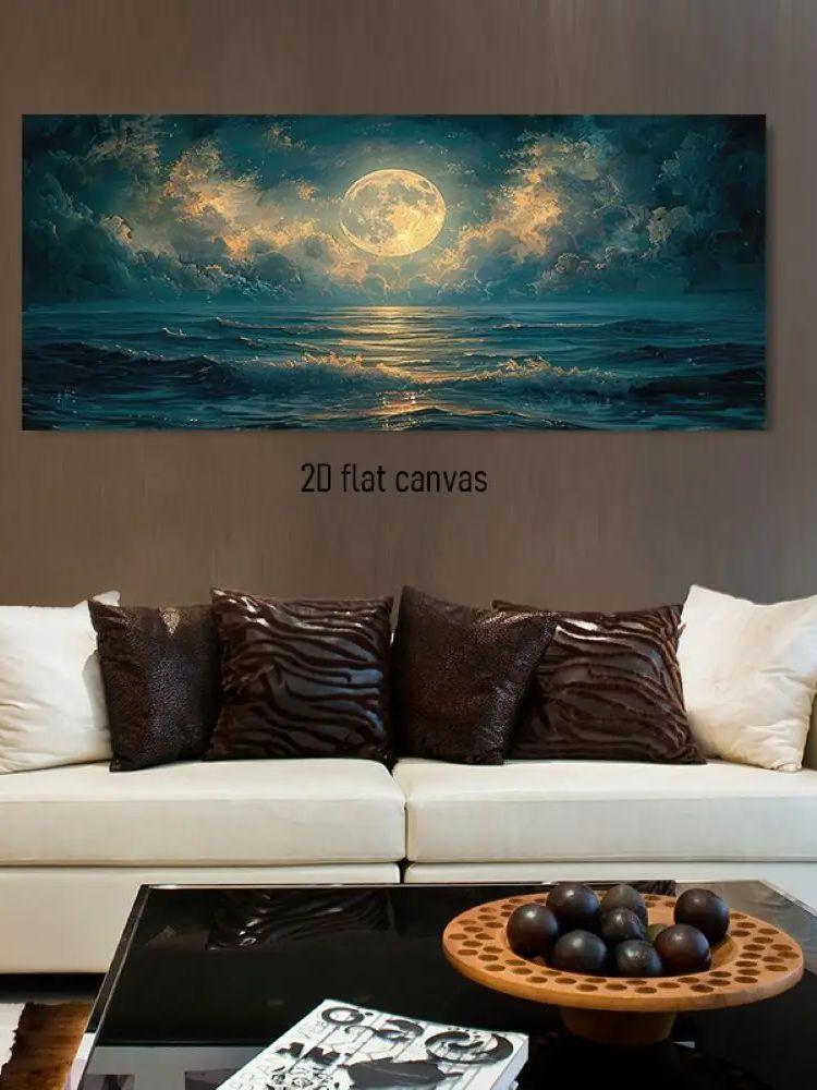 

1 piece: Dreamy Moonlight Ocean Decorative Painting, Modern Living Room, Entrance Hall, Bedroom Background Wall Hanging, Canvas (as the picture,50x100cm No Frame)