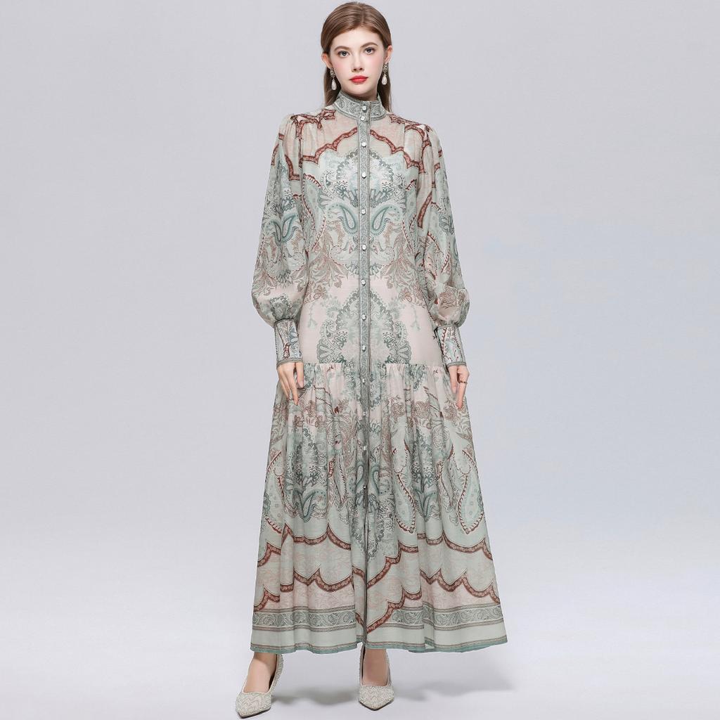 Women's Floral Pattern Printed Stand Collar Lantern Sleeve Holiday Dress Summer Autumn New Fashion Vintage Chiffon Long Maxi Dress