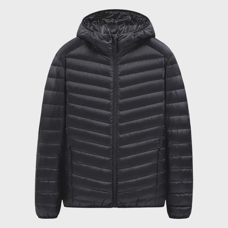 Men's Lightweight Hooded Down Jacket - Short Stand-Up Collar, Casual and Warm for Winter