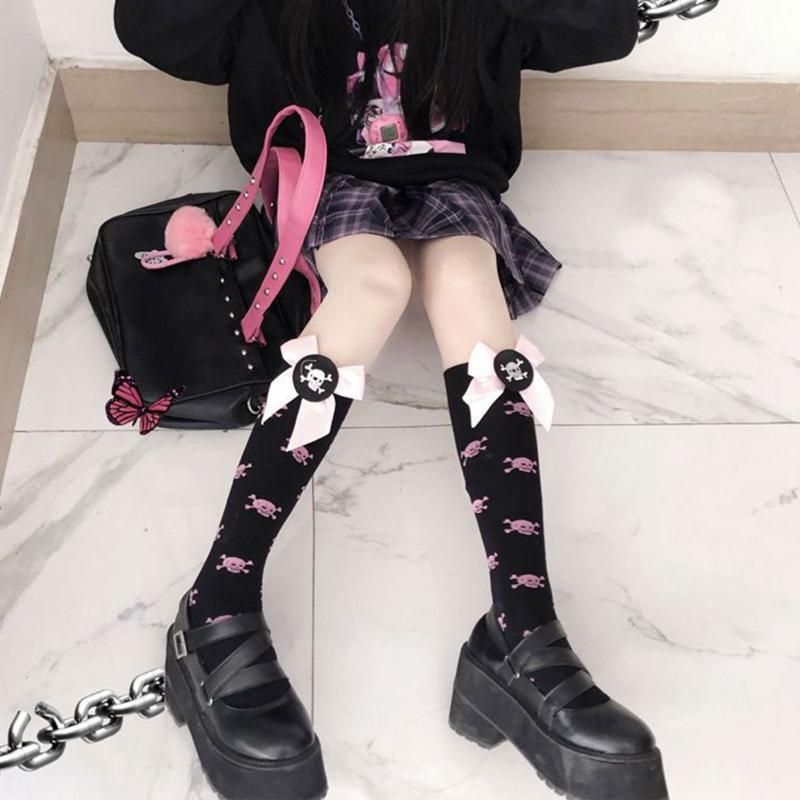 Cotton Calf Socks Lolita Bows Skeleton for Head Knee High Socks Thigh High Loose Stockings for Student Girl Ladies Women