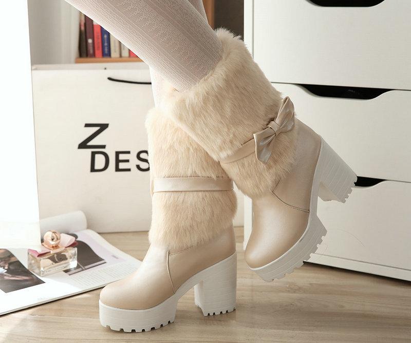 Vinter Nya Höga Klackar Snökängor Lolita Söt Rosett Dam Varma Snökängor Flickor Student Fluffiga Kawaii Mellanvader Dammodekängor