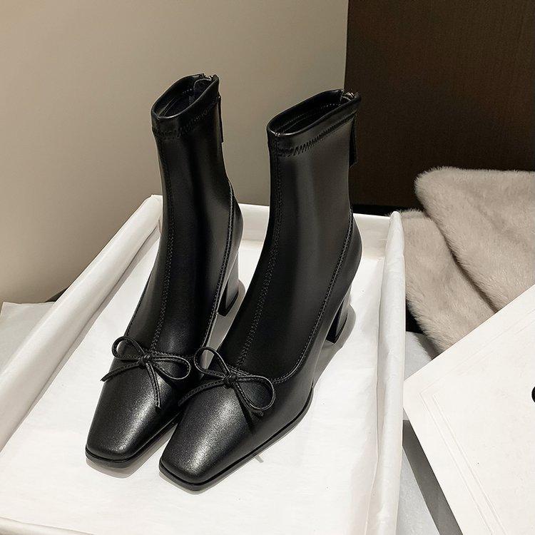 Bow Skinny Elastic Boots 2025 Autumn New Beige Skinny Boots Square Head Back Zipper High Heel Short Boots Women