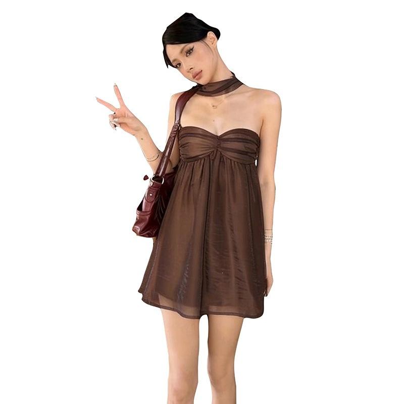 2026 European and American summer new temperament elegant wind off the shoulders slim hanging neck wrapping chest irregular dress women
