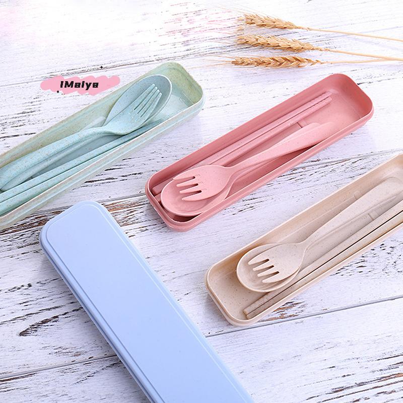 Portable Wheat Straw Tableware Set - Fork Spoons Chopsticks Plastic Eco-Friendly Disposable Dinnerware for Picnics Outdoor Use
