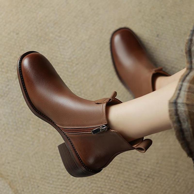 Krazing Pot Cow Skin Winter Square Toe Thick Heels Chelsea Fashion Boots Women Slip on Women Ankle Boots