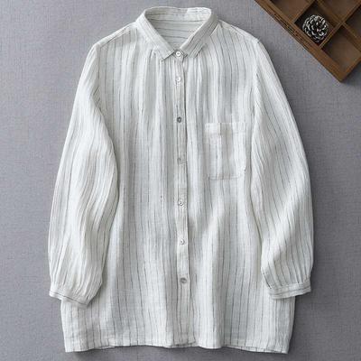 Spring  Autumn Commuter Women's Top Linen Striped Shirt Art and Leisure Long Sleeve Shirt Blouses & Shirts