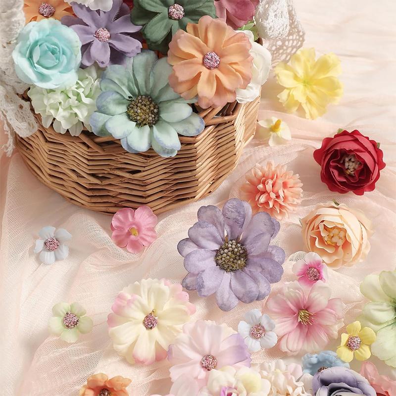 50Pcs Mini Random Color Silk Artificial Flower Head Fake Peony Daisy Rose Flower For Craft Garment Wedding Party DIY Home Decor