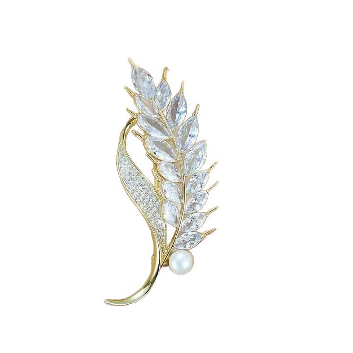 High-End Zircon Wheat Ear Pearl Brooch - Versatile Gold Lapel Pin for Suits